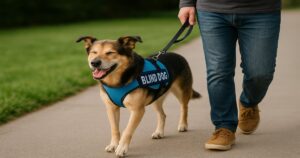 Caring for a blind dog includes safe outdoor walks with a well fitted harness