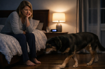 Concerned woman watching her dog pace across the bedroom floor at night