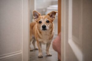 dog job list example of a dog providing bathroom security at home