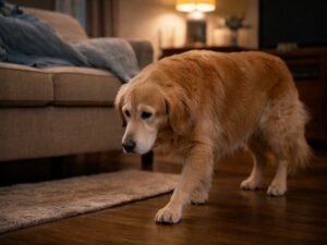 Senior dog pacing across a living room floor at night