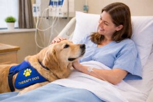 therapy dogs in hospitals comforting a patient during an animal-assisted therapy visit