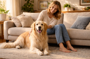 Adult relaxing on a living-room couch with a long-haired golden dog in warm natural daylight