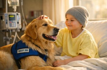 alt="therapy dogs in hospitals visiting a child patient and family"