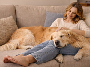 Long-haired companion dog resting peacefully beside its owner on a cozy sofa