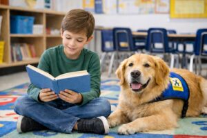 what makes a great therapy dog calmly visiting a child reading in a classroom