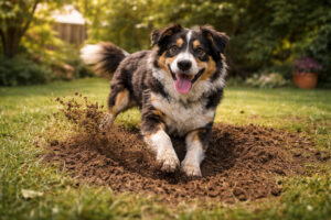 Playful tricolor dog digging an energetic hole in a sunny backyard garden”