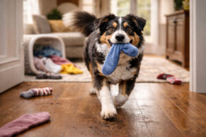 “Playful tricolor dog running through the house while stealing a blue sock from a tipped laundry basket”