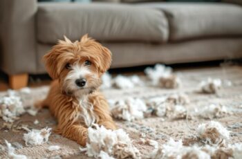 Bored dog destroying a pillow.