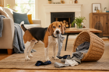 Beagle standing beside a tipped laundry basket with a sock in its mouth in a cozy living room