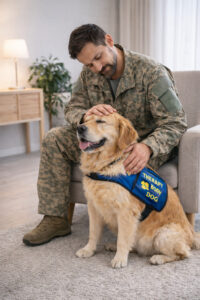therapy dog helping reduce anxiety symptoms through calm emotional interaction with veteran