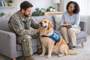 therapy dogs for PTSD providing emotional support to military veteran during calming interaction