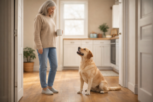 dog sitting attentively and watching owner in kitchen showing strong attachment behavior