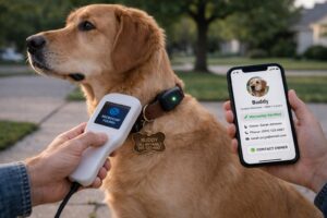 dog microchip scanner and ID tag used to help recover lost dog