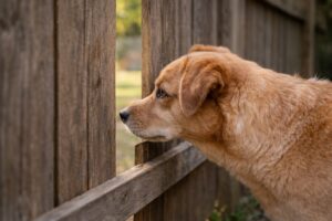 dog looking through narrow fence gap planning escape opportunity