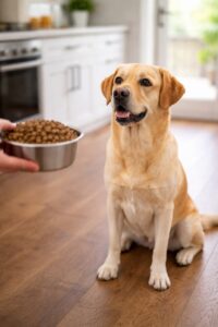 impulse control in dogs labrador patiently waiting for food in a kitchen setting