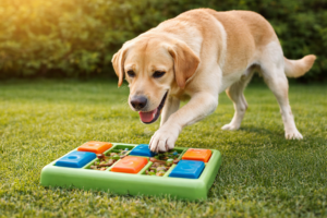 mental stimulation for dogs labrador solving puzzle feeder toy outdoors