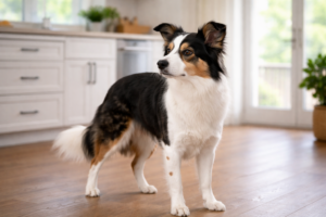 impulse control in dogs border collie calmly reacting to a subtle sound in a kitchen environment