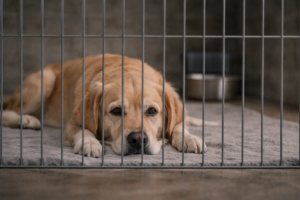 Quiet dog in a shelter kennel after losing their person and showing dog grief