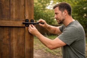 man installing a secure latch on a wooden gate to prevent dogs from running away