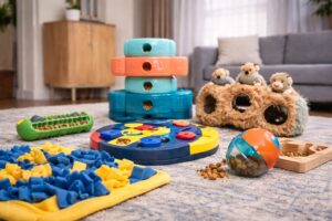 interactive puzzle toys and enrichment toys used for brain games for dogs and mental stimulation indoors