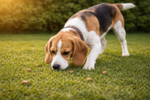 mental stimulation for dogs beagle performing scent work searching grass for treats