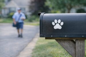 Paw print mailbox sticker on a residential mailbox as a mail carrier approaches, indicating delivery safety awareness around dogs