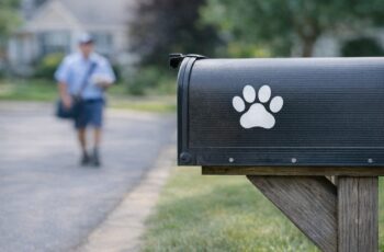 Paw print mailbox sticker on a residential mailbox as a mail carrier approaches, indicating delivery safety awareness around dogs