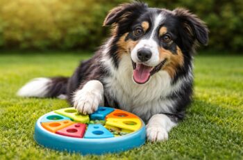 Dog using a toy for mental stimulation.