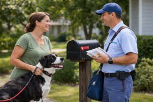 Dog owner holding a leashed dog while speaking politely with a mail carrier beside a residential mailbox