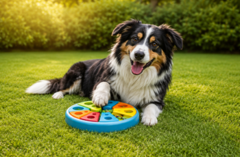 Happy black, white, and tan dog lying on grass with a colorful puzzle toy for mental stimulation.