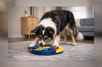 Australian Shepherd solving interactive puzzle toy for mental stimulation