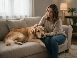 Woman comforting a grieving dog on a sofa with gentle support and patience