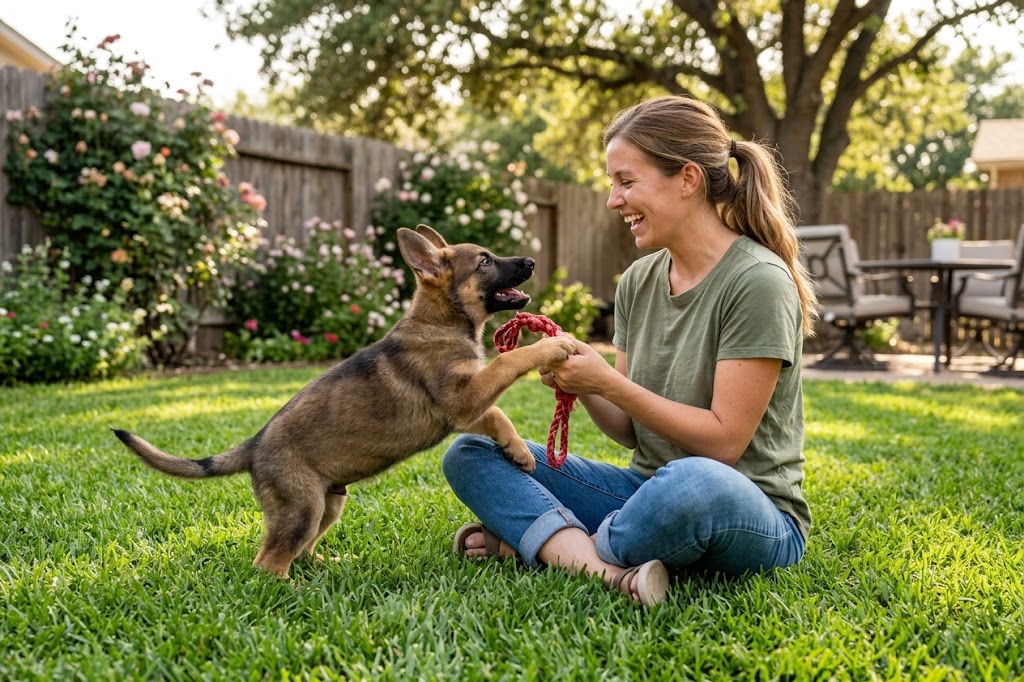 German Shepherd puppy playing with a rope toy beside its owner in the backyard