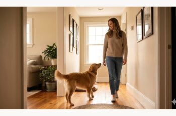 why does my dog follow me everywhere behavior shown by dog walking closely beside owner at home