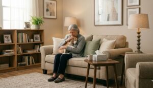 Older woman comforting a grieving dog after the dog loses their person