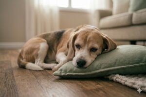 Sad dog resting quietly on a pillow while showing possible signs of dog grief