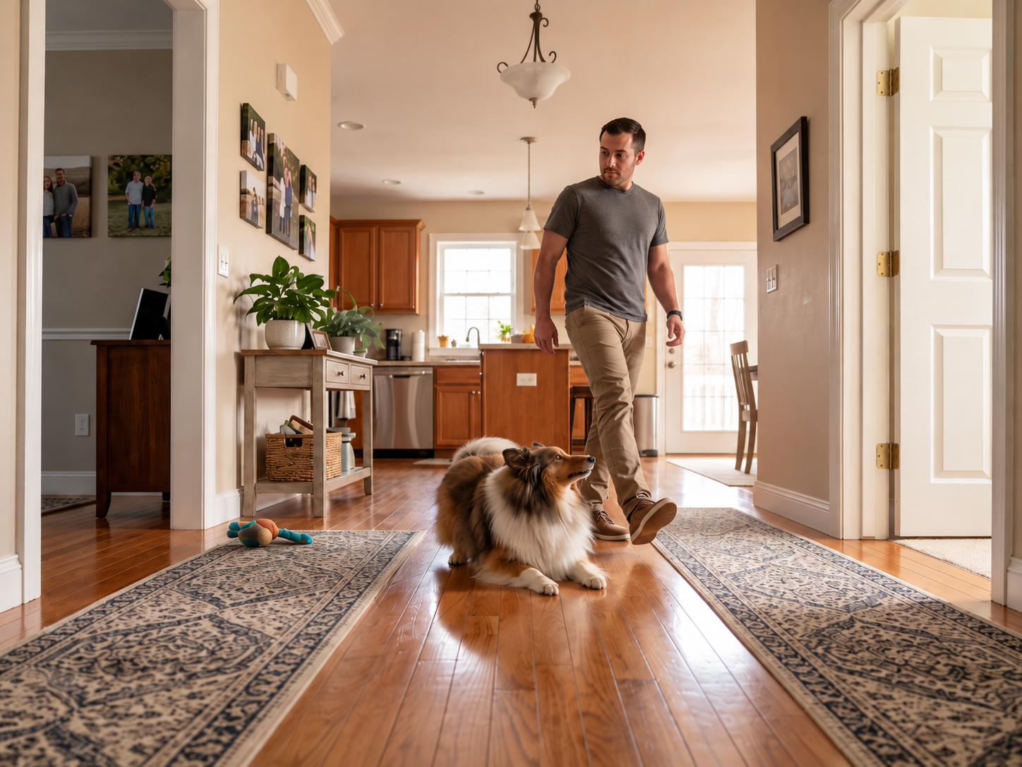 Shetland Sheepdog following a man through the house while watching him closely