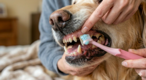 brushing a dog’s teeth to help prevent dental disease in dogs and maintain oral health