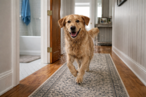 wet dog running out of bathroom after bath showing classic zoomies behavior