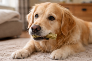 dog showing hesitation to chew due to early dental discomfort