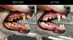 Before and after dental care for dogs showing severe tartar buildup compared to clean teeth after professional cleaning