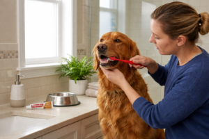 Brushing teeth as part of dental care for dogs to prevent plaque buildup and gum disease