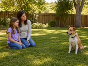 Mother and daughter quietly observing a calm dog in a fenced backyard to judge whether the dog is a good fit for their family.