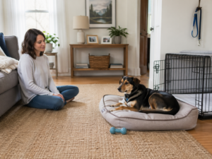 Relaxed dog resting on a bed near an open crate while a woman quietly observes the dog settling into family life.