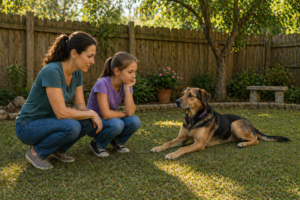 Woman and girl observing a relaxed mixed-breed dog in a backyard to judge whether the dog is a good fit for their family.
