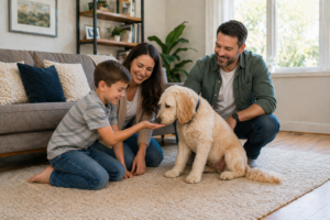 Family calmly meeting a friendly dog in a bright living room to see if the dog is a good fit for their family.