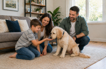 Family calmly meeting a friendly dog in a bright living room to see if the dog is a good fit for their family.