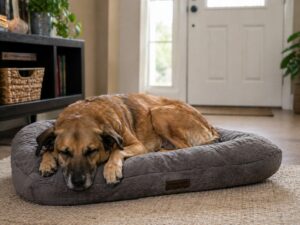 Newly adopted shelter dog resting peacefully at home after kennel stress caused the dog to shut down
