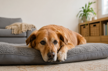 Dog acting strange while resting quietly on a bed with a worried expression in a home setting