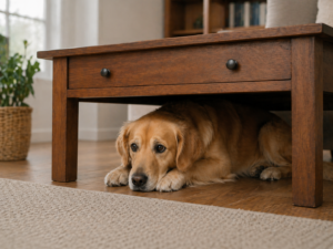 Dog Hiding Under Table Dog hiding under a wooden table at home while showing anxious or unusual behavior